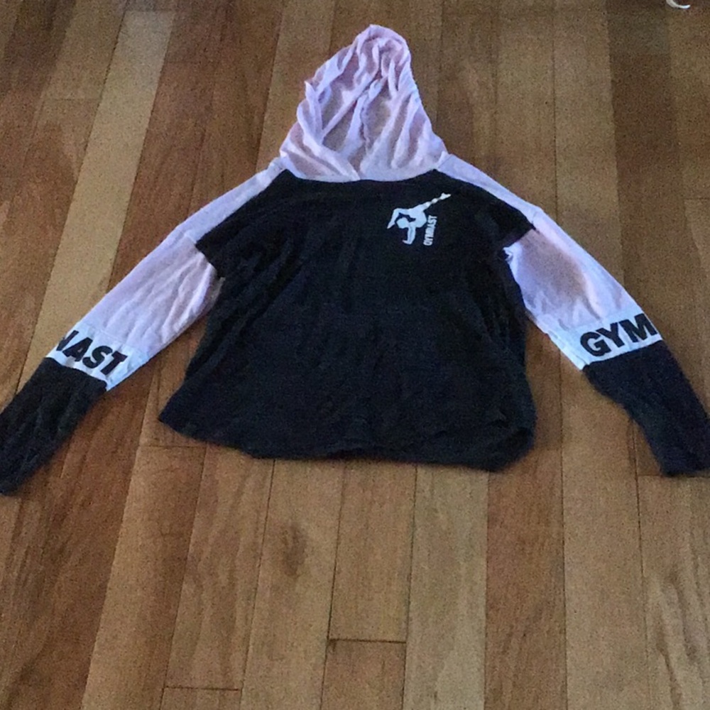Pink gray and white long sleeve shirt with hood